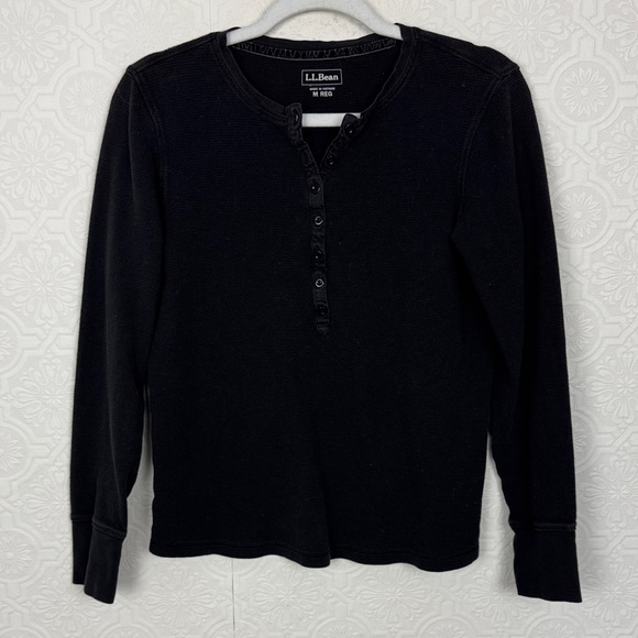 L.L. Bean Tops - LL Bean Black Waffle Knit Henley Top Medium Long Sleeve Cotton Stretch Casual